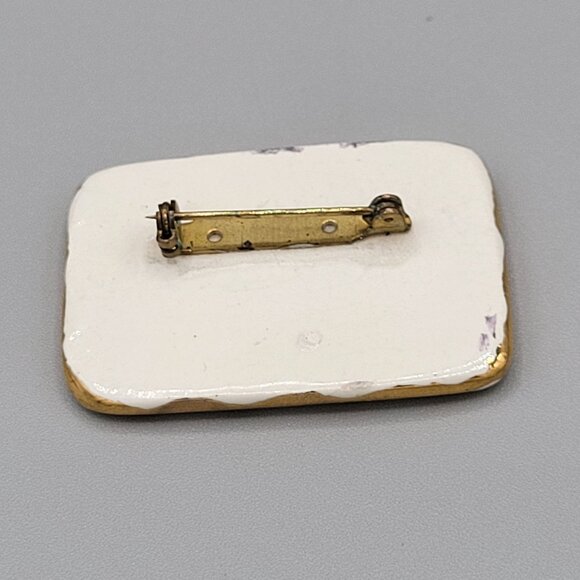 Vintage Ceramic Enamel Brooch With Ancient Symbol Design & Gold Tone Trim - Picture 5 of 7